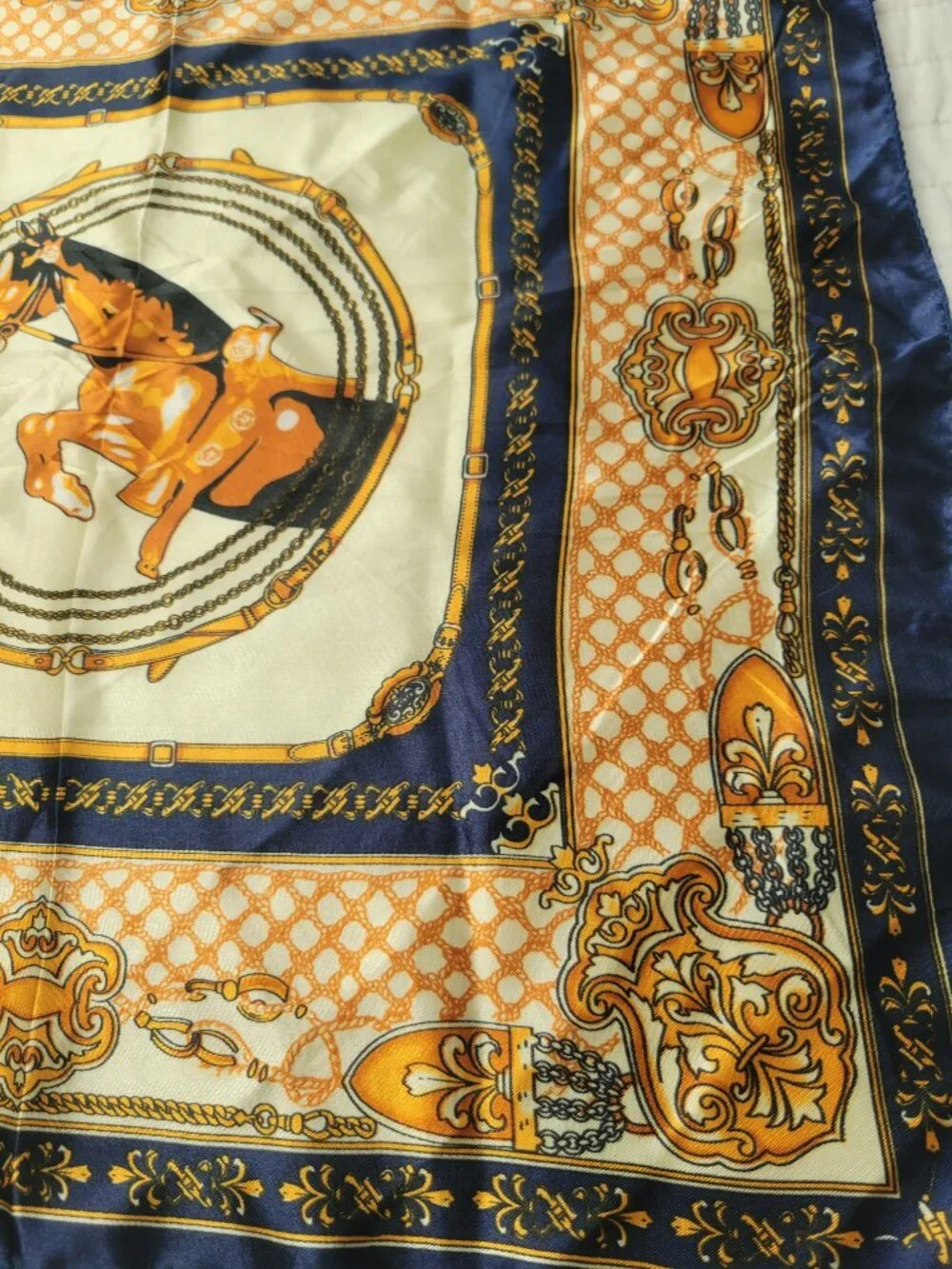 Equestrian Chain Print Silk Scarf Navy Gold Cream Bag Scarf 20x20